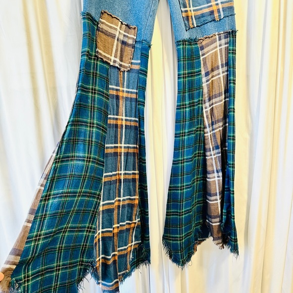 Dolls Kill Blue Plaid Patchwork Flare Pants - Picture 9 of 12